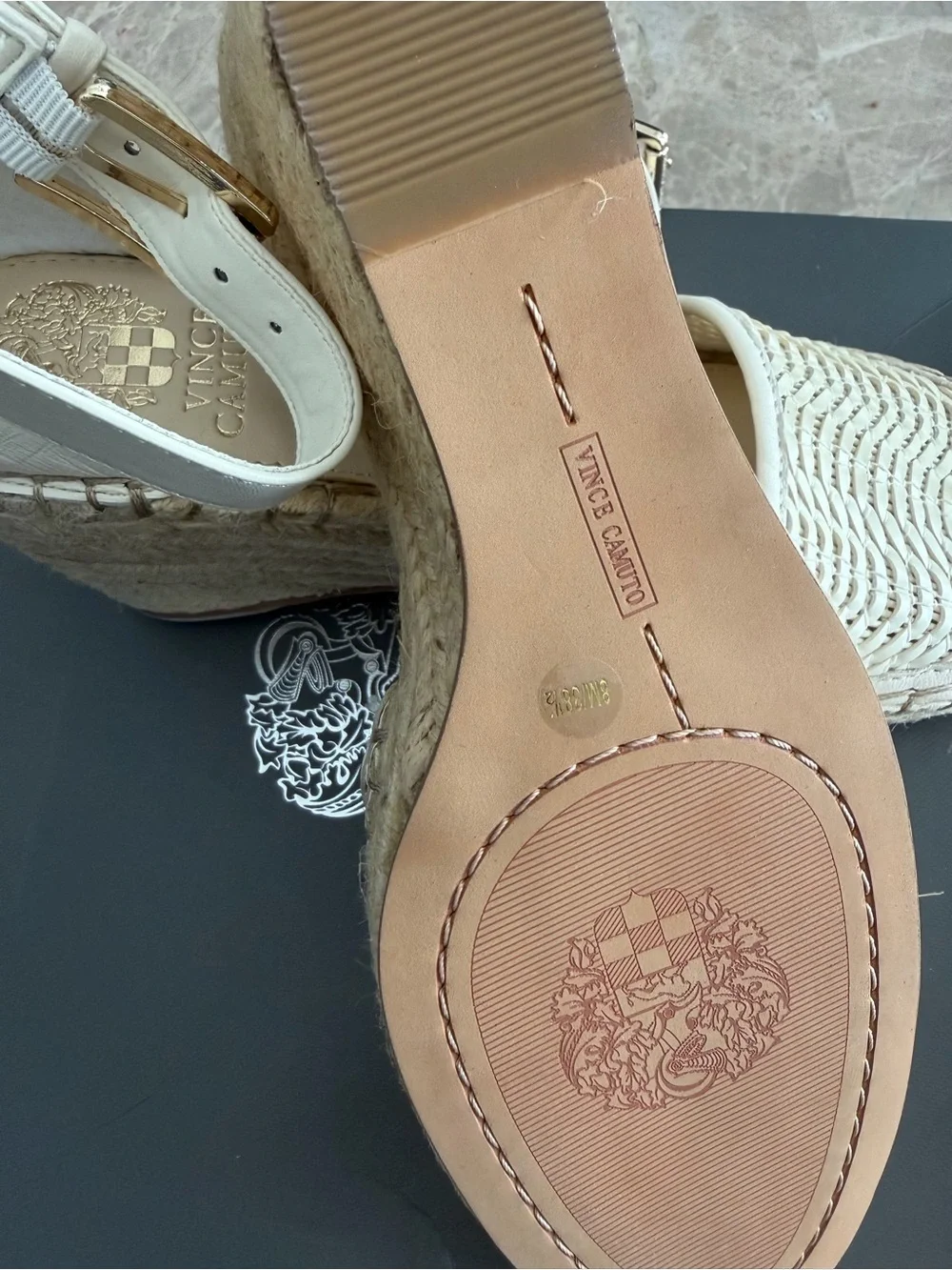 Vince Camuto Cream Woven Espadrille Sandals with Ankle Strap